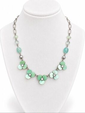 Mint Green Floral Statement Necklace Silver Tone Rhinestone Crystal Accents